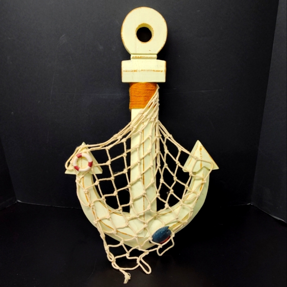 Large WOODEN Whitewashed Anchor With Net And Rope Nautical Decor 12" x 18"